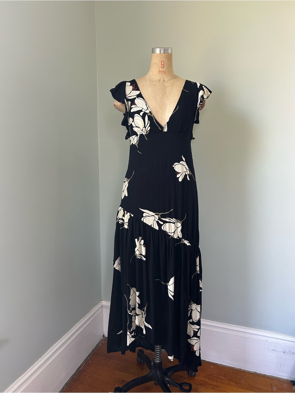 Free People Black Maxi Dress with White Floral Print